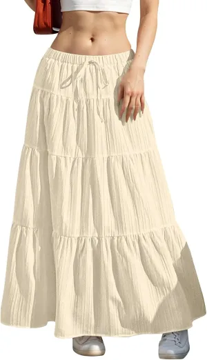 Women's Boho Maxi Skirt Summer Elastic Waist Casual Long Linen Skirts Flowy Tiered Ruffle Skirt Beach A Line Skirts