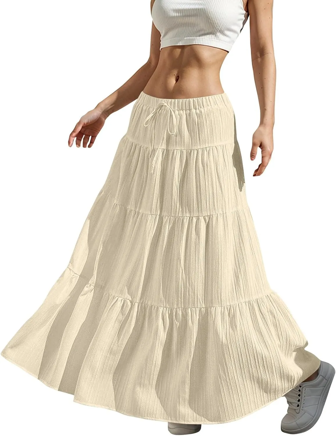 Women's Boho Maxi Skirt Summer Elastic Waist Casual Long Linen Skirts Flowy Tiered Ruffle Skirt Beach A Line Skirts