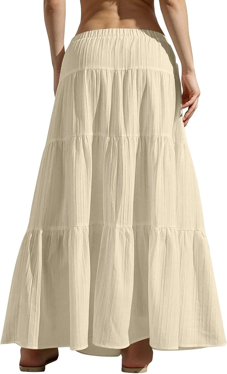 Women's Boho Maxi Skirt Summer Elastic Waist Casual Long Linen Skirts Flowy Tiered Ruffle Skirt Beach A Line Skirts