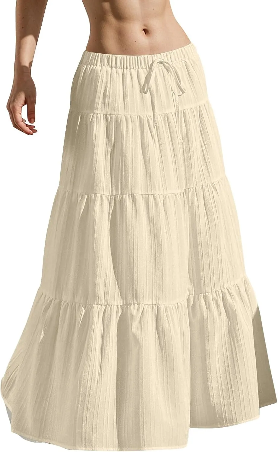 Women's Boho Maxi Skirt Summer Elastic Waist Casual Long Linen Skirts Flowy Tiered Ruffle Skirt Beach A Line Skirts