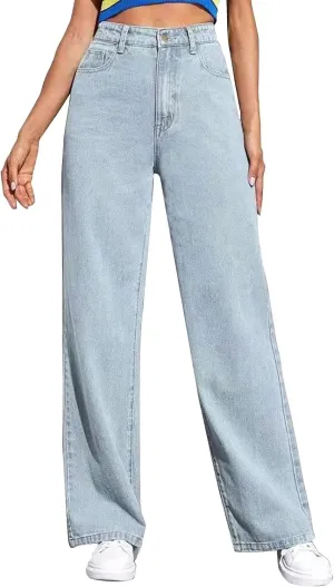 Women's Boyfriend Straight Leg Jeans High Rise Wide Leg Baggy Stretchy Denim Pants with Raw Hem Frayed Edge