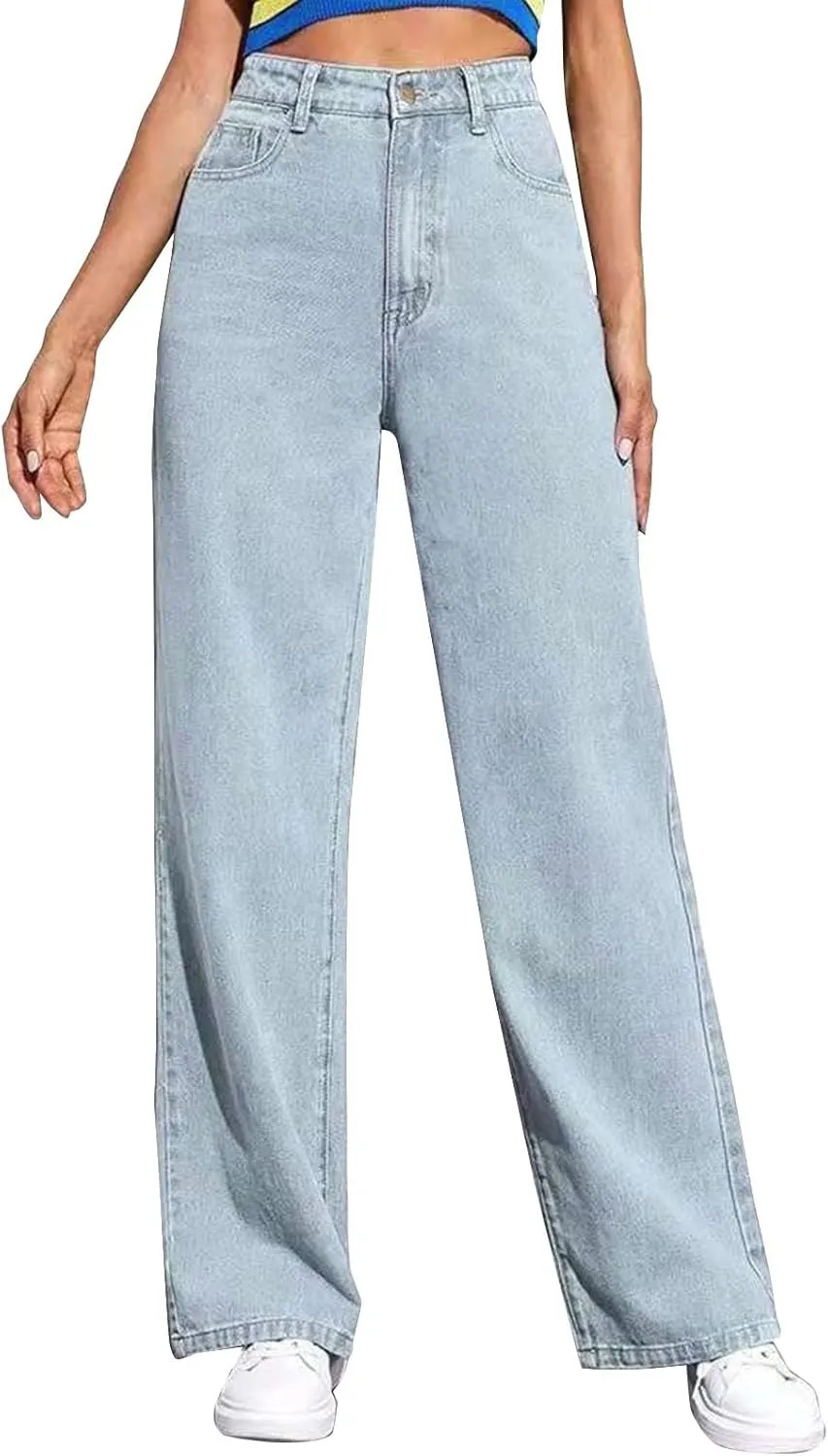 Women's Boyfriend Straight Leg Jeans High Rise Wide Leg Baggy Stretchy Denim Pants with Raw Hem Frayed Edge
