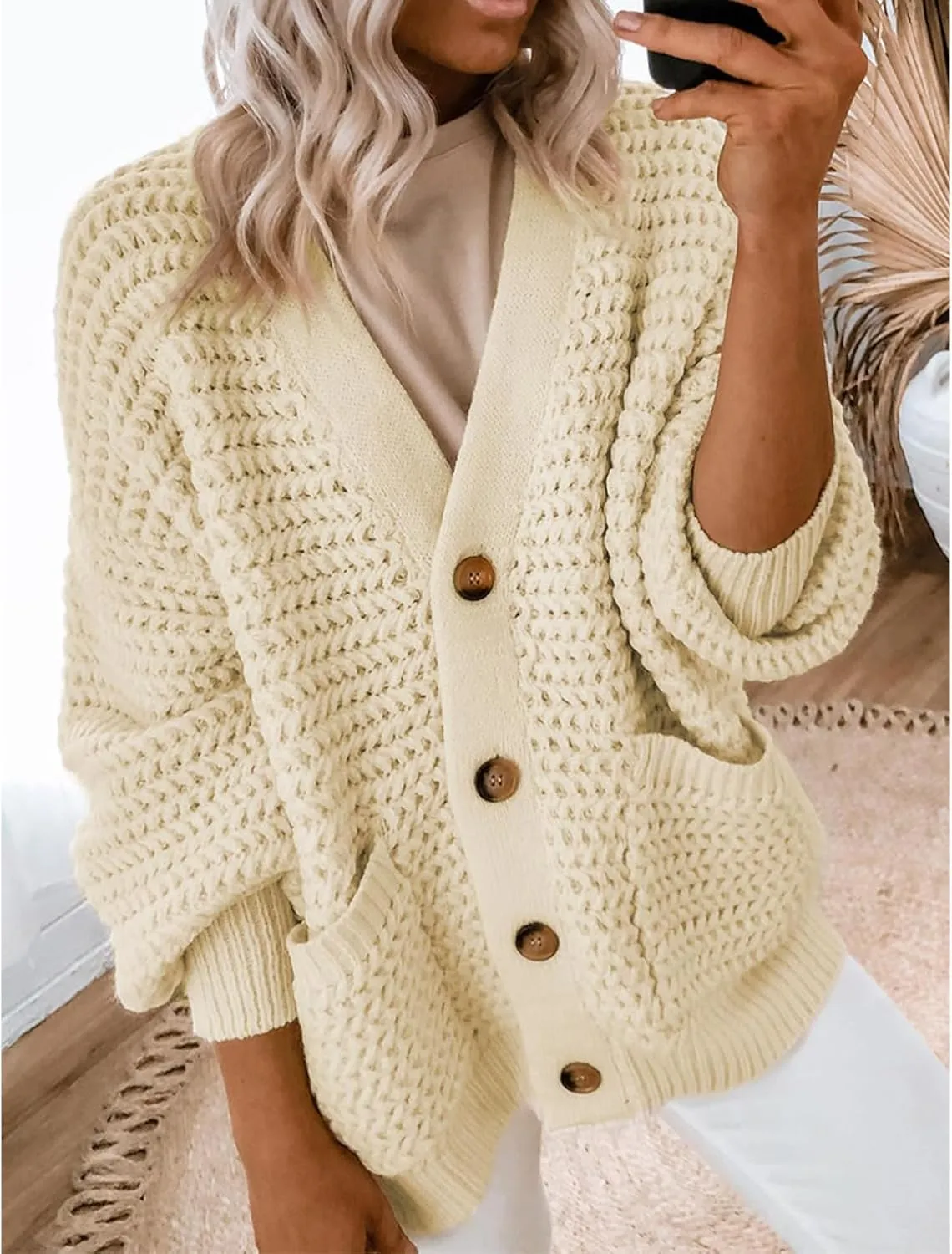Womens Cardigan Sweaters Button Up Chunky Knit Cardigans V Neck Loose Fit Jackets Outwear