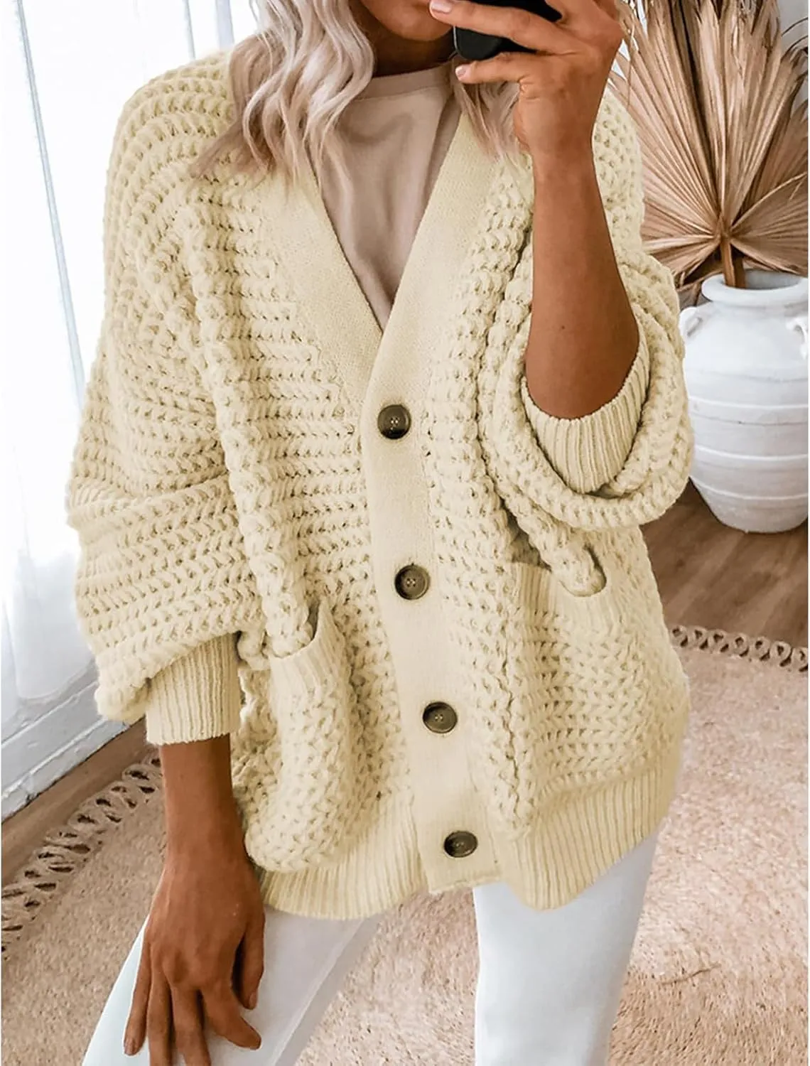Womens Cardigan Sweaters Button Up Chunky Knit Cardigans V Neck Loose Fit Jackets Outwear