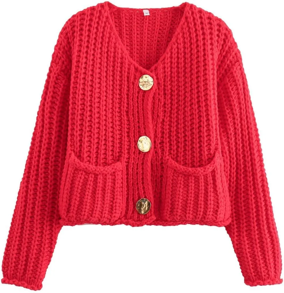 Womens Cardigan Sweaters Long Sleeve Button Down Cropped Jacket Open Front Knit Sweater Outwear