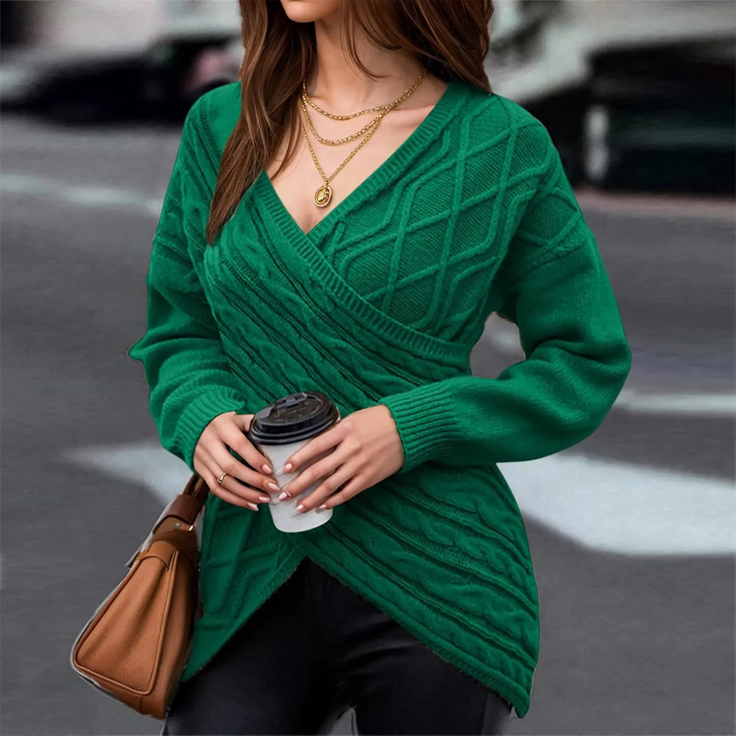 Womens Casual Deep V Neck Long Sleeve Sweaters Cross Wrap Front Cable Knit Slim Pullover Sweater Jumper Tops 2024 Fall