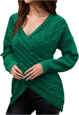 Womens Casual Deep V Neck Long Sleeve Sweaters Cross Wrap Front Cable Knit Slim Pullover Sweater Jumper Tops 2024 Fall