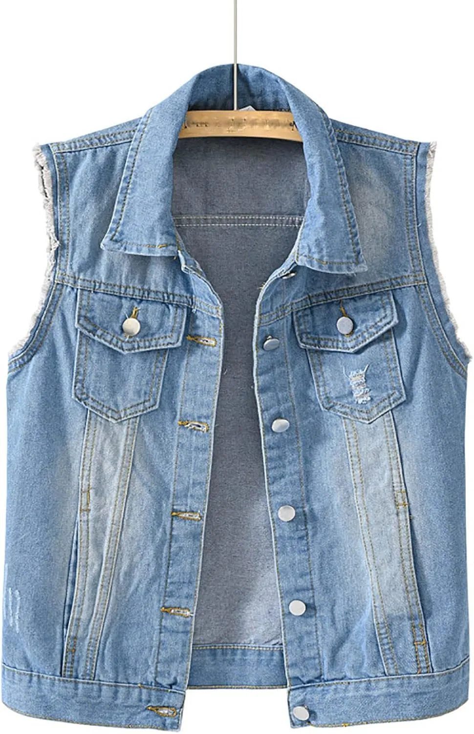 Women's Casual Denim Waistcoat Trendy Frayed Jean Vest Jacket Sleeveless Ripped Lapel Jean Jackets with Pocket