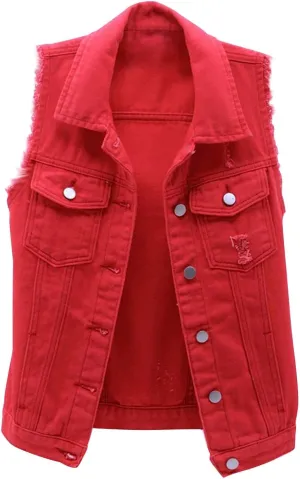 Women's Casual Denim Waistcoat Trendy Frayed Jean Vest Jacket Sleeveless Ripped Lapel Jean Jackets with Pocket