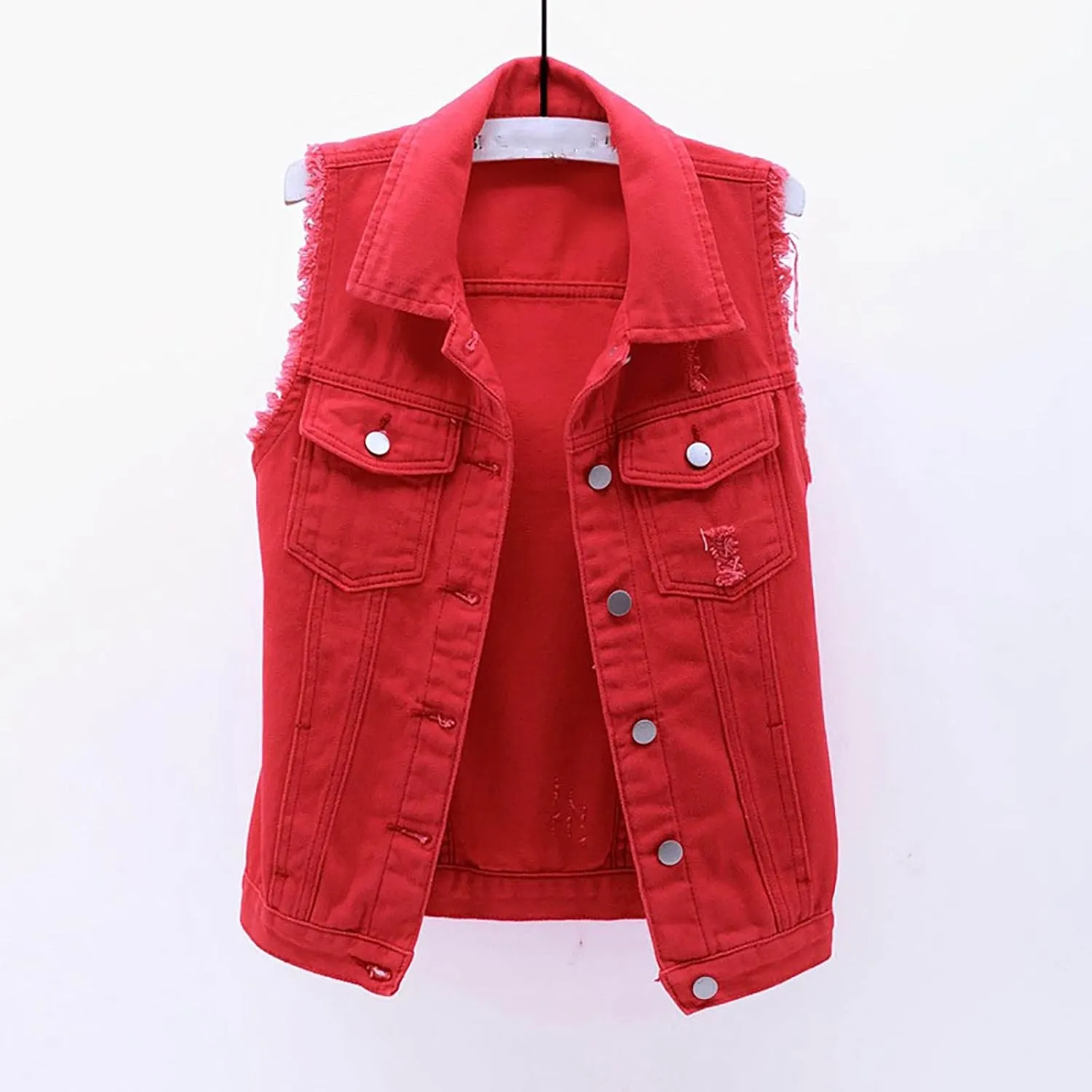 Women's Casual Denim Waistcoat Trendy Frayed Jean Vest Jacket Sleeveless Ripped Lapel Jean Jackets with Pocket