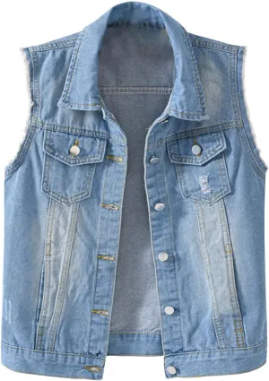Women's Casual Denim Waistcoat Trendy Frayed Jean Vest Jacket Sleeveless Ripped Lapel Jean Jackets with Pocket