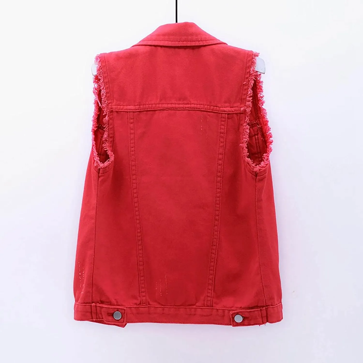 Women's Casual Denim Waistcoat Trendy Frayed Jean Vest Jacket Sleeveless Ripped Lapel Jean Jackets with Pocket