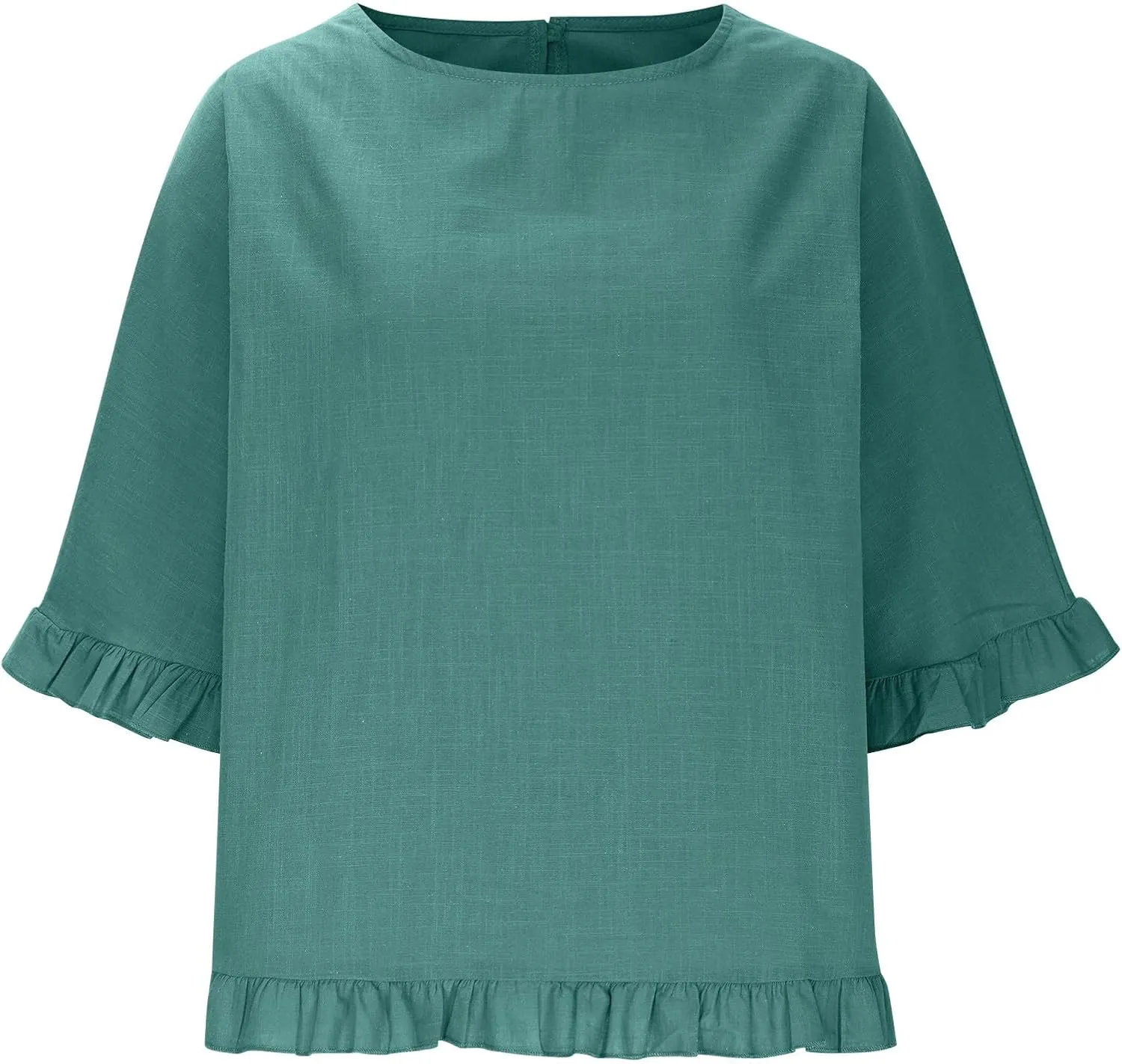 Women's Casual Ruffle 3/4 Sleeve Blouses Cotton Linen Tops Plus Size Summer Loose Fit Ruffled Hem Tunic Shirts