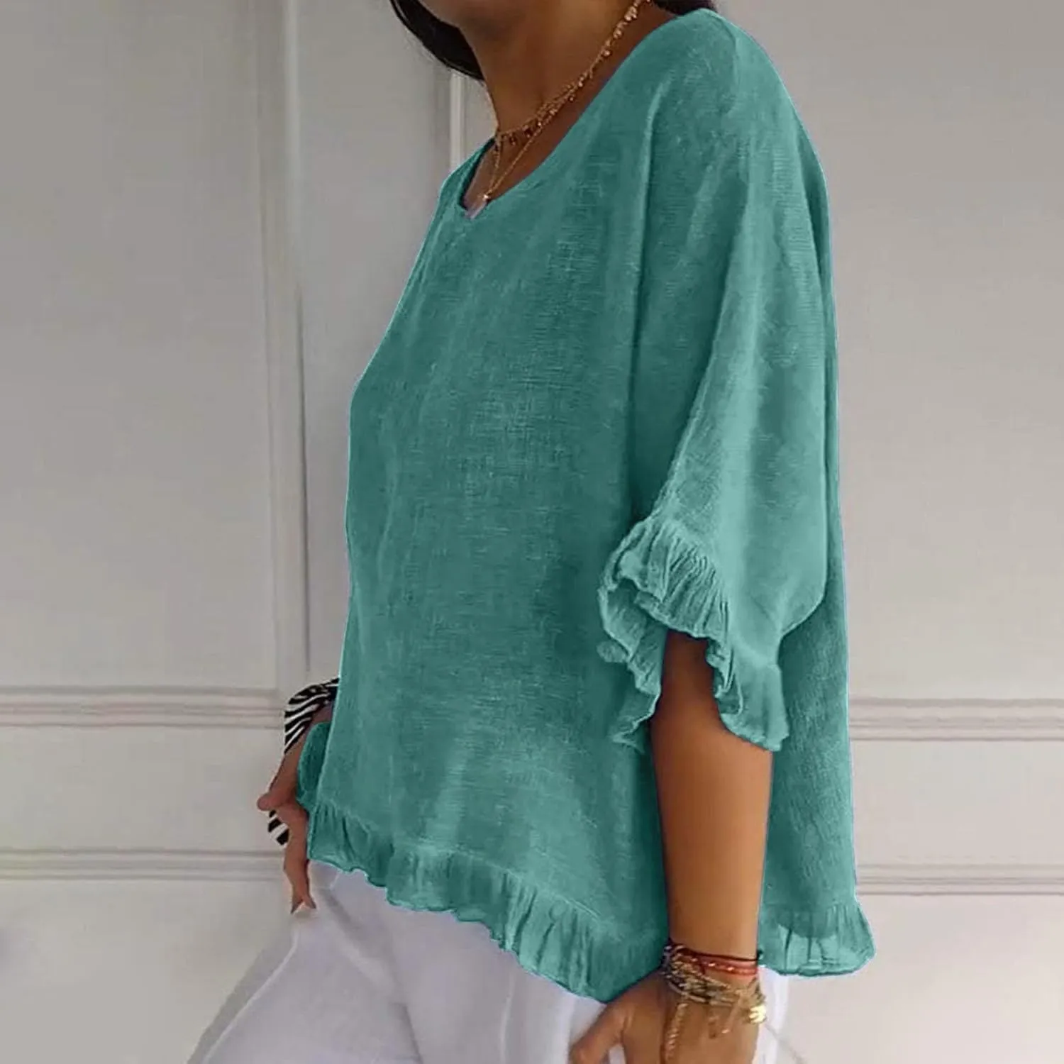 Women's Casual Ruffle 3/4 Sleeve Blouses Cotton Linen Tops Plus Size Summer Loose Fit Ruffled Hem Tunic Shirts