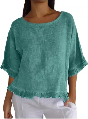 Women's Casual Ruffle 3/4 Sleeve Blouses Cotton Linen Tops Plus Size Summer Loose Fit Ruffled Hem Tunic Shirts