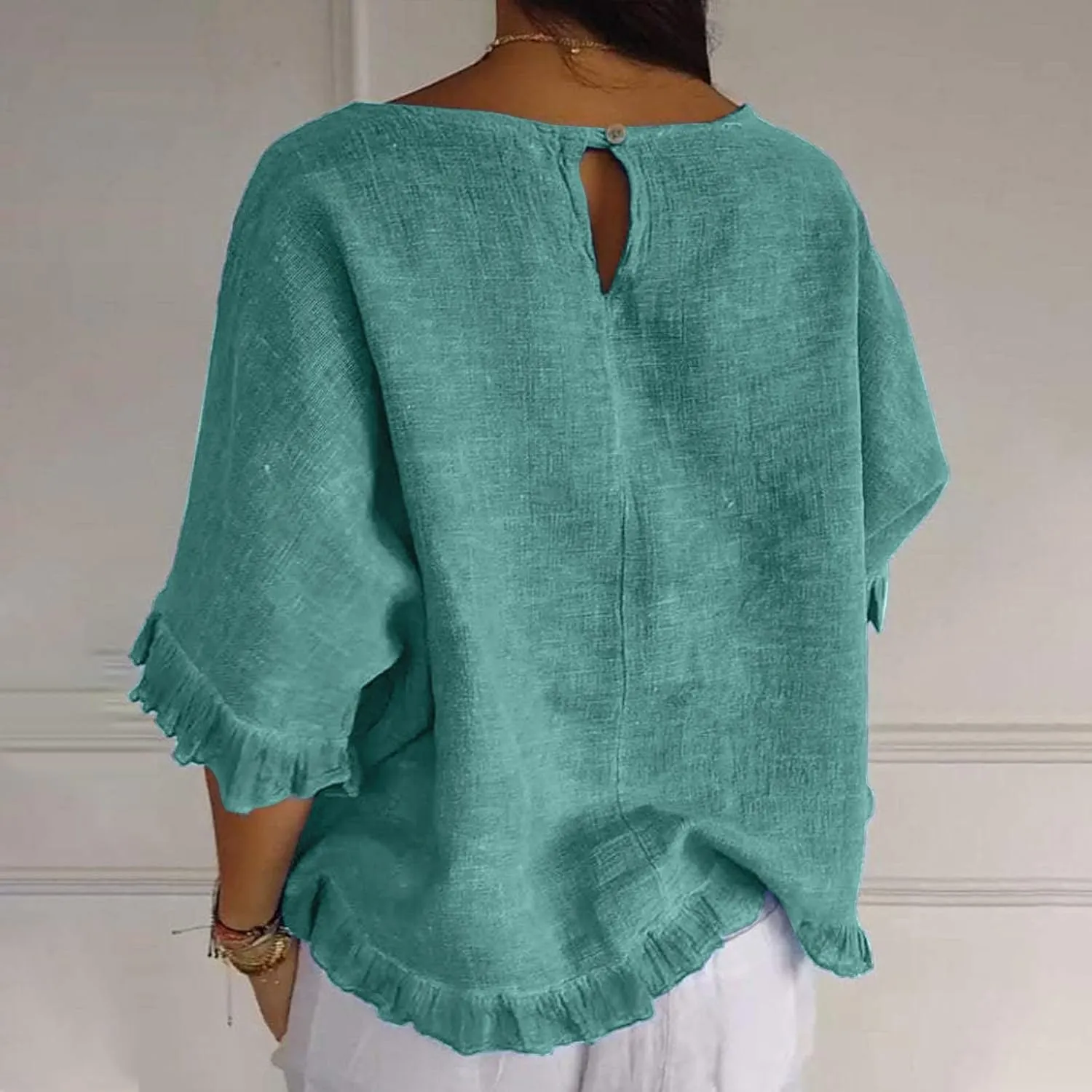 Women's Casual Ruffle 3/4 Sleeve Blouses Cotton Linen Tops Plus Size Summer Loose Fit Ruffled Hem Tunic Shirts