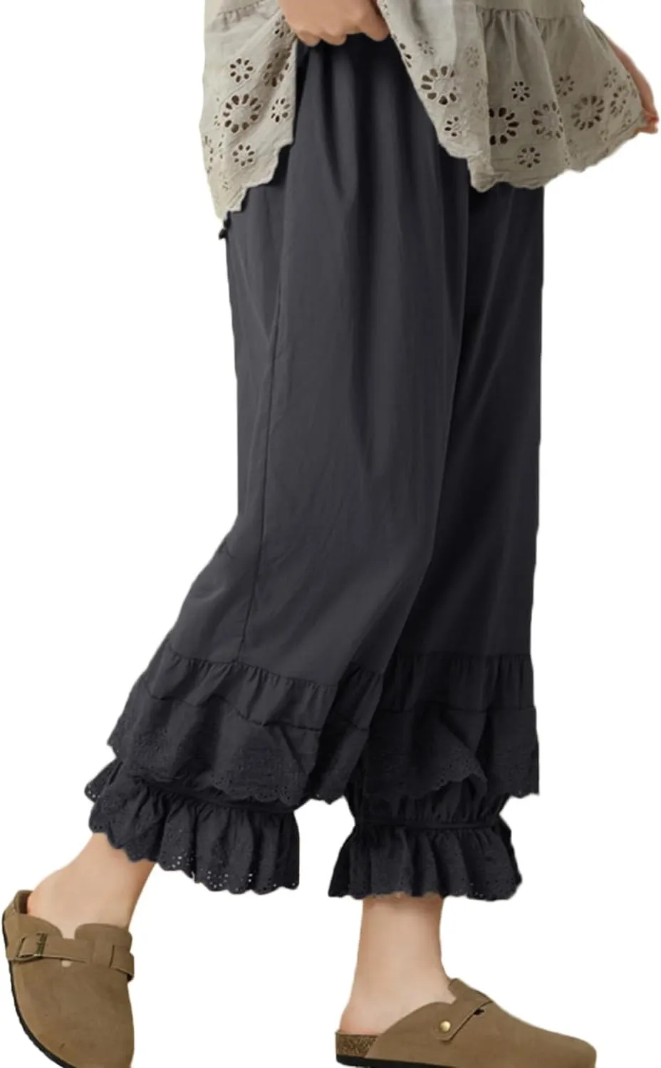 Womens Casual Ruffled Loose Pocket Pants Plus Size Cotton Linen Folds Pants Wide Leg Solid Color Hem Elastic Waisted Trousers