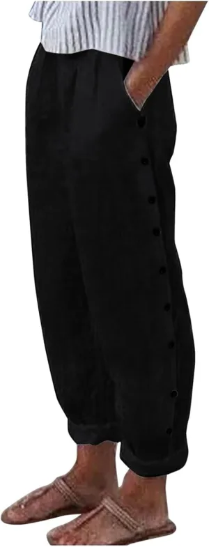 Womens Casual Striped Pants Side Button Elastic Waist Cropped Pants Straight Leg Summer Trousers with Pocket Vacation