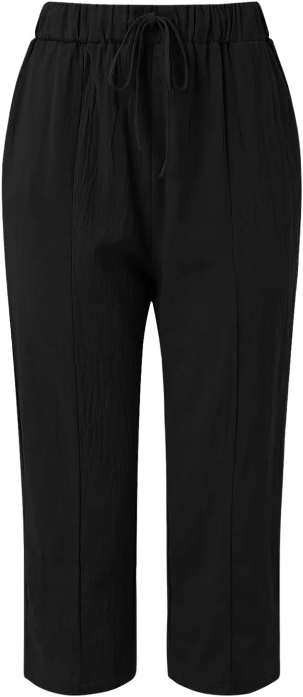 Womens Casual Striped Pants Side Button Elastic Waist Cropped Pants Straight Leg Summer Trousers with Pocket Vacation