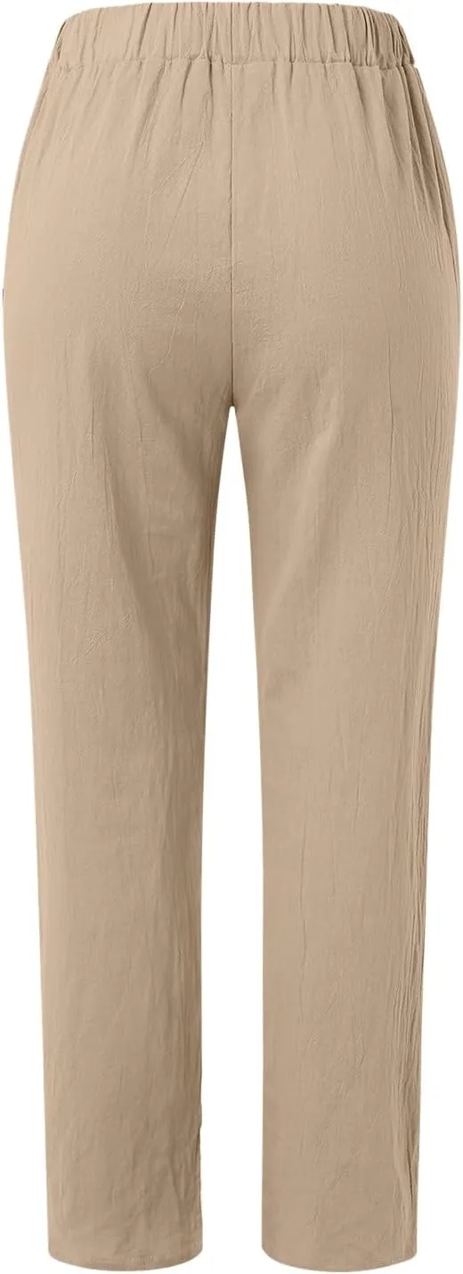 Womens Casual Striped Pants Side Button Elastic Waist Cropped Pants Straight Leg Summer Trousers with Pocket Vacation