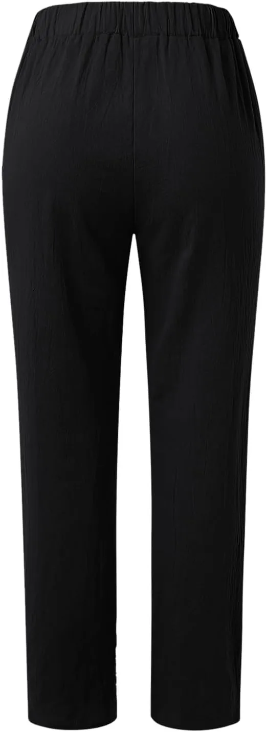 Womens Casual Striped Pants Side Button Elastic Waist Cropped Pants Straight Leg Summer Trousers with Pocket Vacation