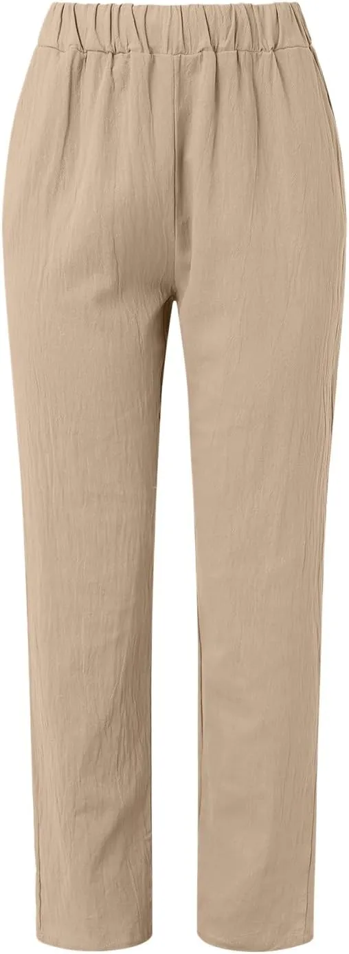 Womens Casual Striped Pants Side Button Elastic Waist Cropped Pants Straight Leg Summer Trousers with Pocket Vacation