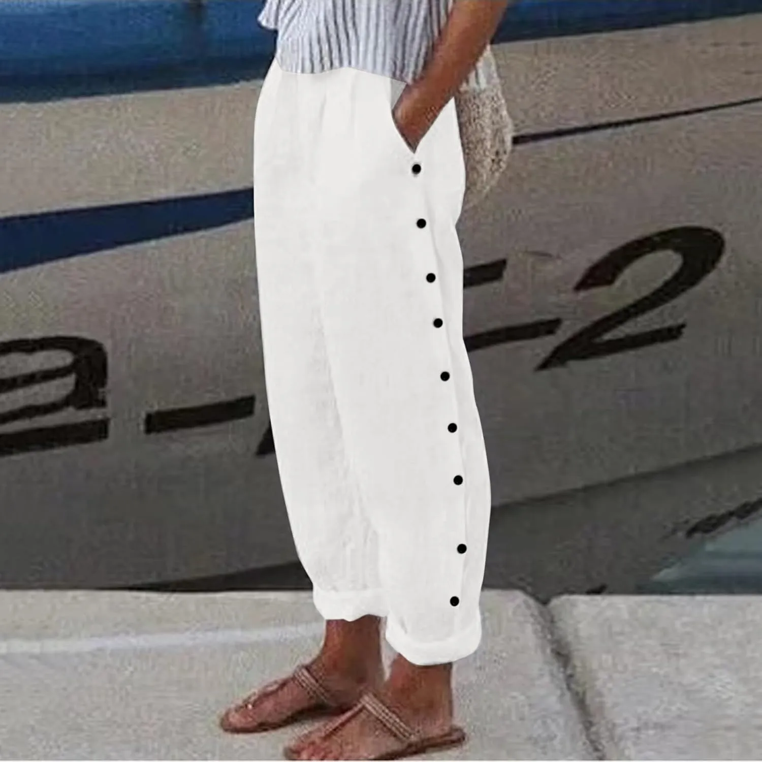 Womens Casual Striped Pants Side Button Elastic Waist Cropped Pants Straight Leg Summer Trousers with Pocket Vacation