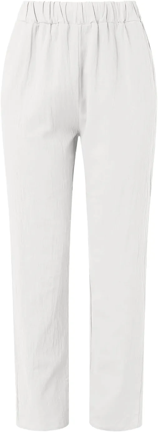 Womens Casual Striped Pants Side Button Elastic Waist Cropped Pants Straight Leg Summer Trousers with Pocket Vacation