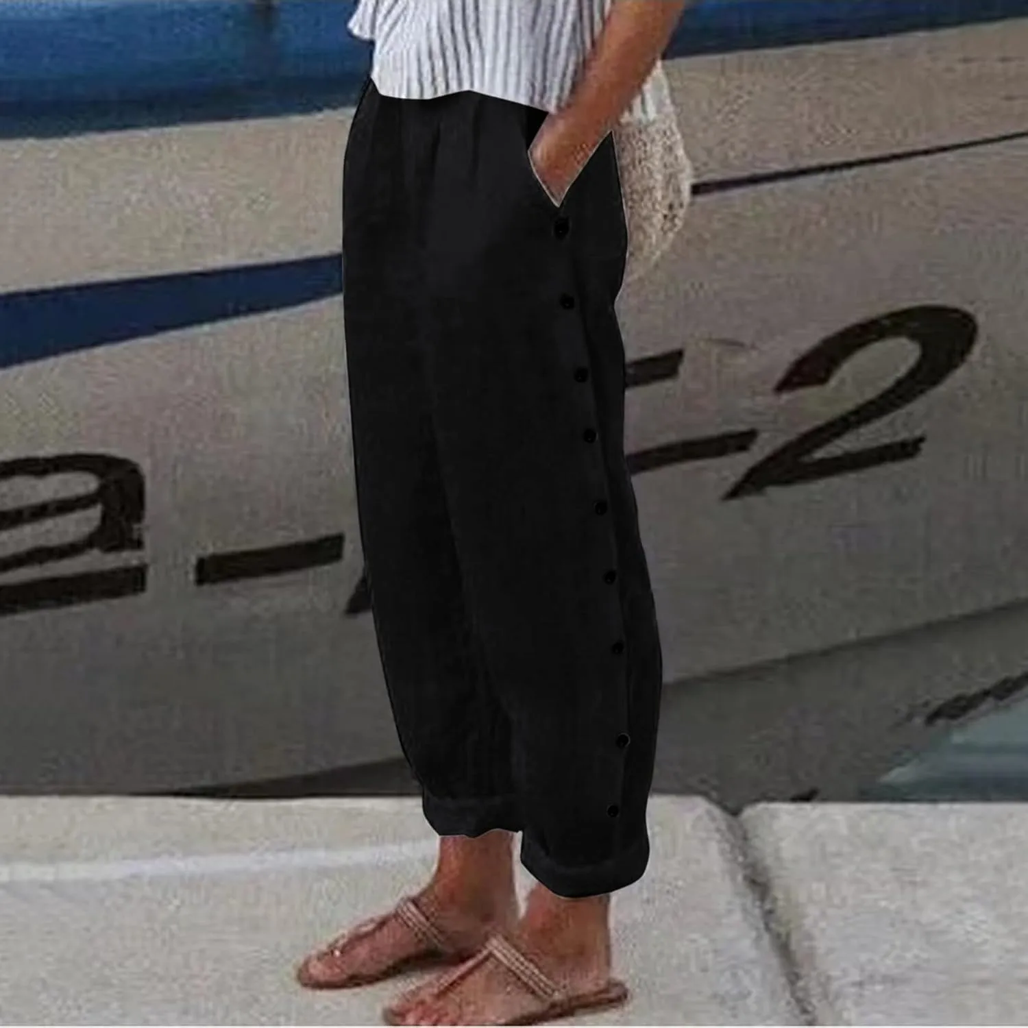 Womens Casual Striped Pants Side Button Elastic Waist Cropped Pants Straight Leg Summer Trousers with Pocket Vacation