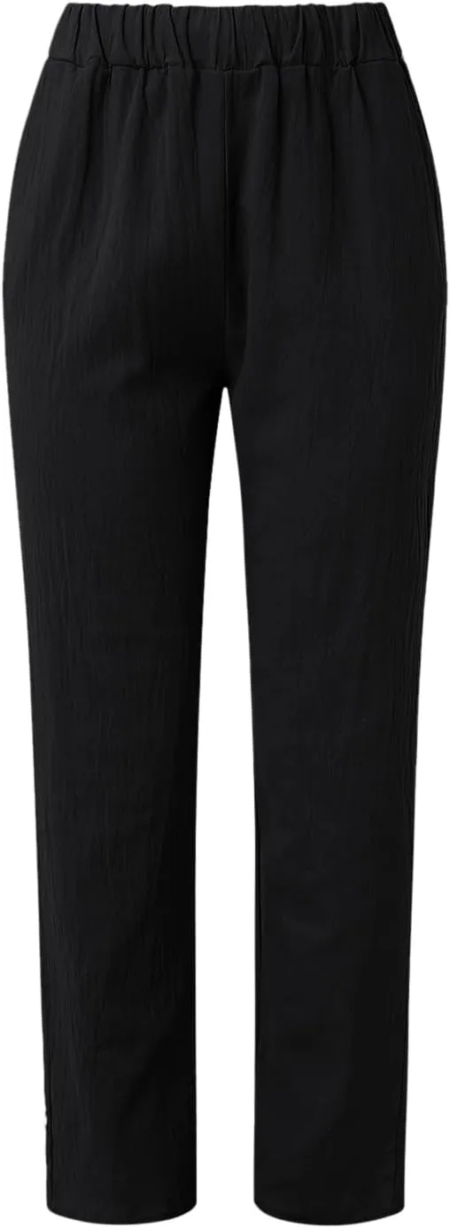 Womens Casual Striped Pants Side Button Elastic Waist Cropped Pants Straight Leg Summer Trousers with Pocket Vacation
