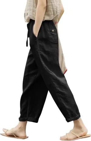Womens Casual Striped Pants Side Button Elastic Waist Cropped Pants Straight Leg Summer Trousers with Pocket Vacation