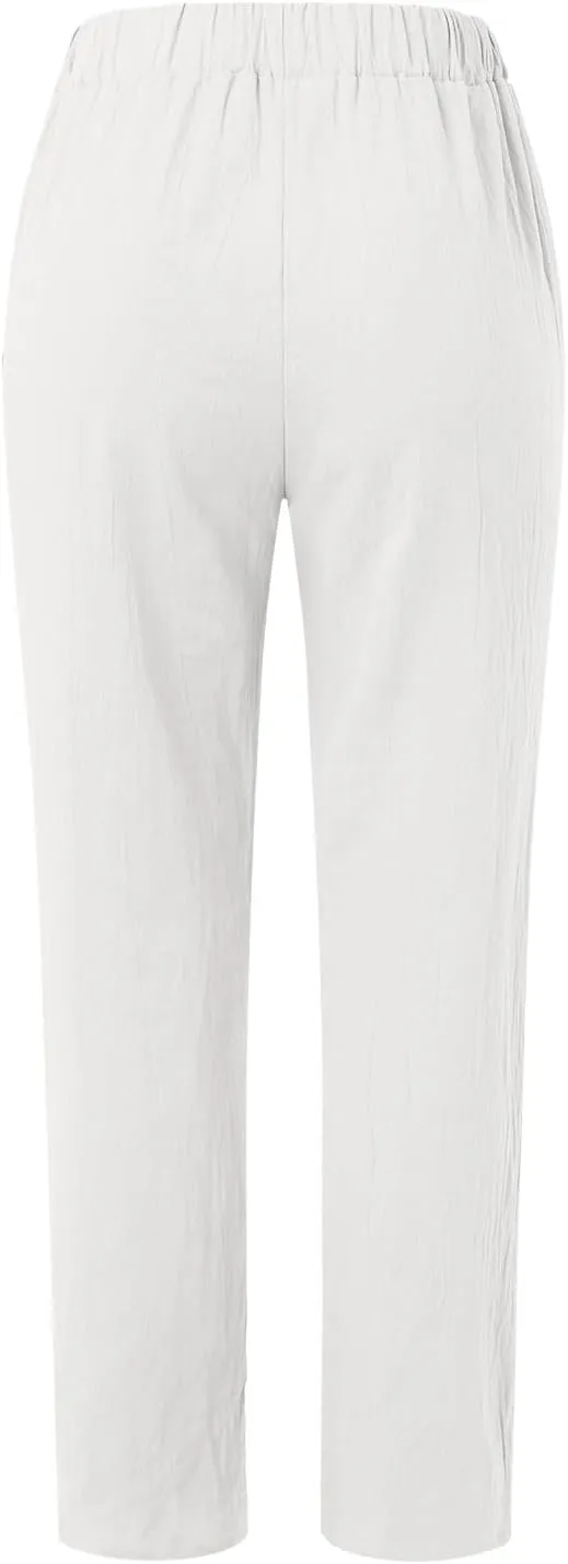 Womens Casual Striped Pants Side Button Elastic Waist Cropped Pants Straight Leg Summer Trousers with Pocket Vacation