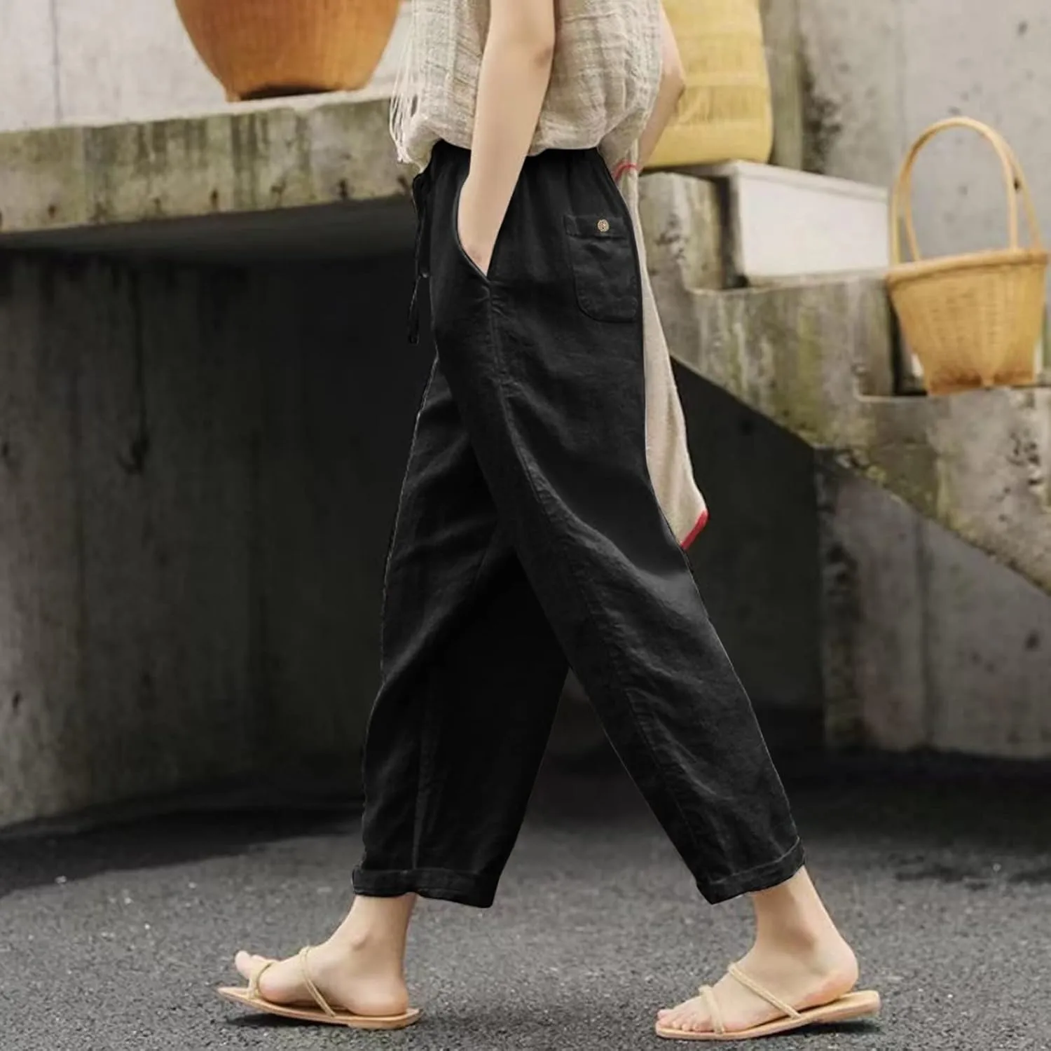 Womens Casual Striped Pants Side Button Elastic Waist Cropped Pants Straight Leg Summer Trousers with Pocket Vacation