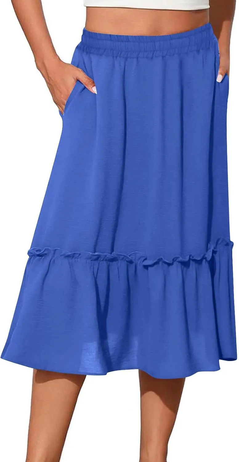 Womens Causal Ruffle Summer Beach Midi Skirts Trendy Elastic High Waisted Flowy A-Line Boho Long Skirt with Pockets