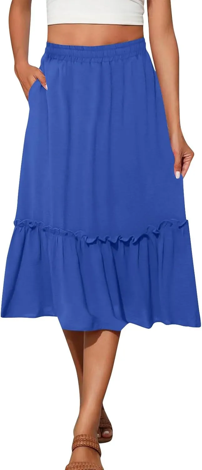 Womens Causal Ruffle Summer Beach Midi Skirts Trendy Elastic High Waisted Flowy A-Line Boho Long Skirt with Pockets
