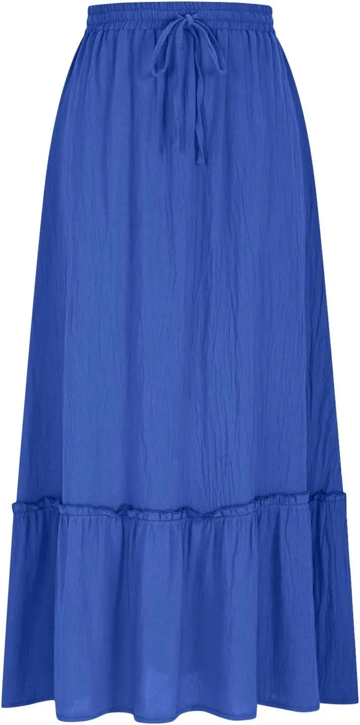 Womens Causal Ruffle Summer Beach Midi Skirts Trendy Elastic High Waisted Flowy A-Line Boho Long Skirt with Pockets