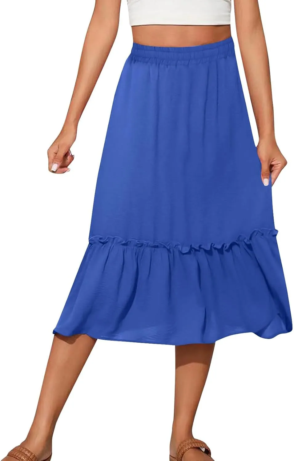 Womens Causal Ruffle Summer Beach Midi Skirts Trendy Elastic High Waisted Flowy A-Line Boho Long Skirt with Pockets