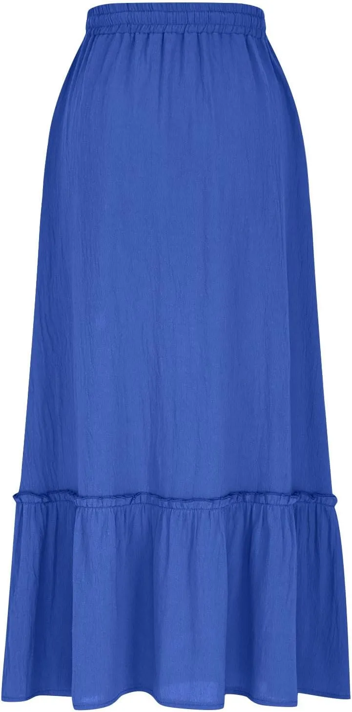 Womens Causal Ruffle Summer Beach Midi Skirts Trendy Elastic High Waisted Flowy A-Line Boho Long Skirt with Pockets