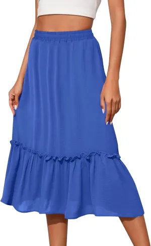 Womens Causal Ruffle Summer Beach Midi Skirts Trendy Elastic High Waisted Flowy A-Line Boho Long Skirt with Pockets