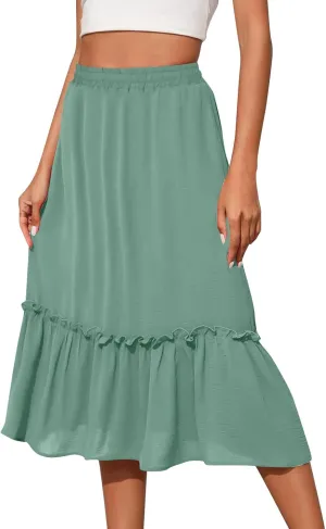 Womens Causal Ruffle Summer Beach Midi Skirts Trendy Elastic High Waisted Flowy A-Line Boho Long Skirt with Pockets