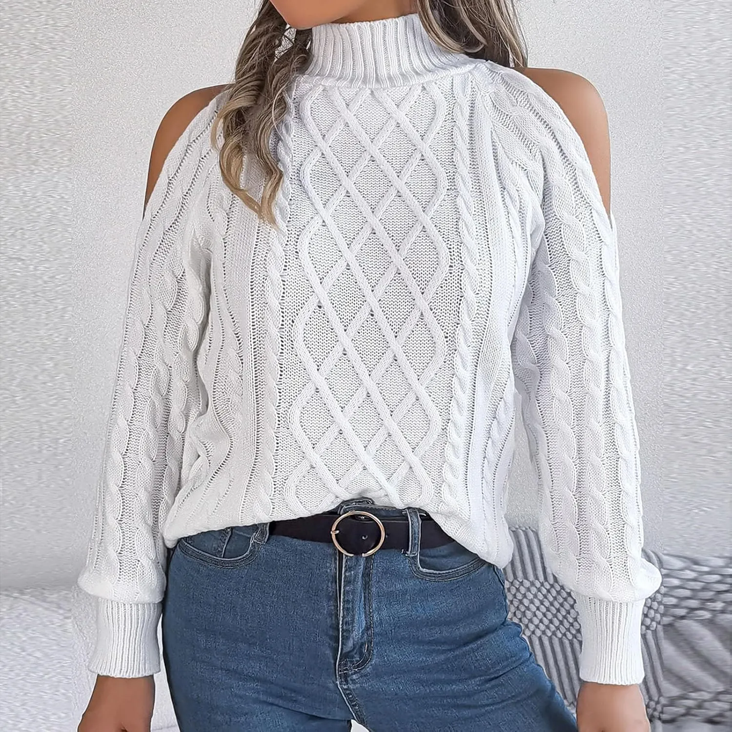 Womens Cold Shoulder Turtleneck Sweaters 2024 Fall Winter Long Sleeve Soft Chunky Cable Knit Pullovers Sexy Jumper Tops