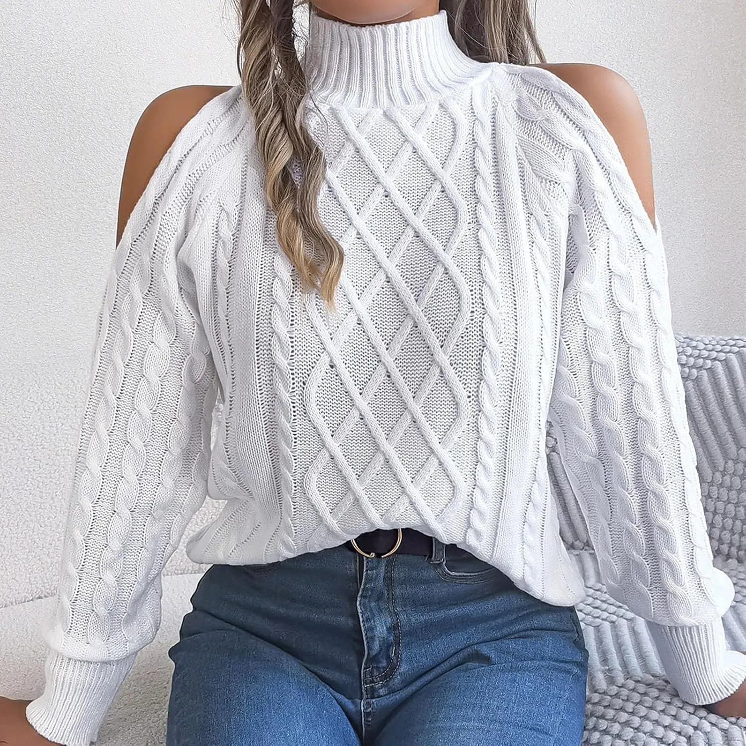 Womens Cold Shoulder Turtleneck Sweaters 2024 Fall Winter Long Sleeve Soft Chunky Cable Knit Pullovers Sexy Jumper Tops
