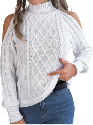 Womens Cold Shoulder Turtleneck Sweaters 2024 Fall Winter Long Sleeve Soft Chunky Cable Knit Pullovers Sexy Jumper Tops