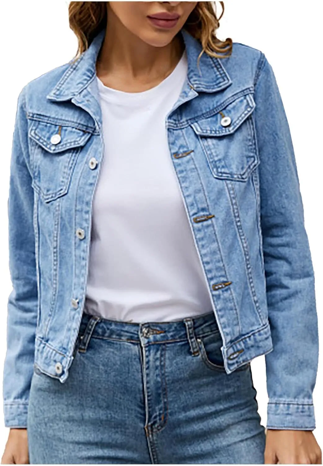 Womens Crop Top Jean Jacket Button Down Long Sleeve Stretch Button Down Denim Jacket Cropped Denim Jacket Trendy 2024