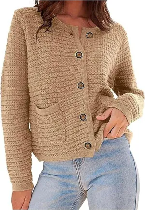 Womens Cropped Sweaters Long Sleeve Casual Button Down Cable Knit Chunky Open Front Cardigan Jackets Fall Sweaters