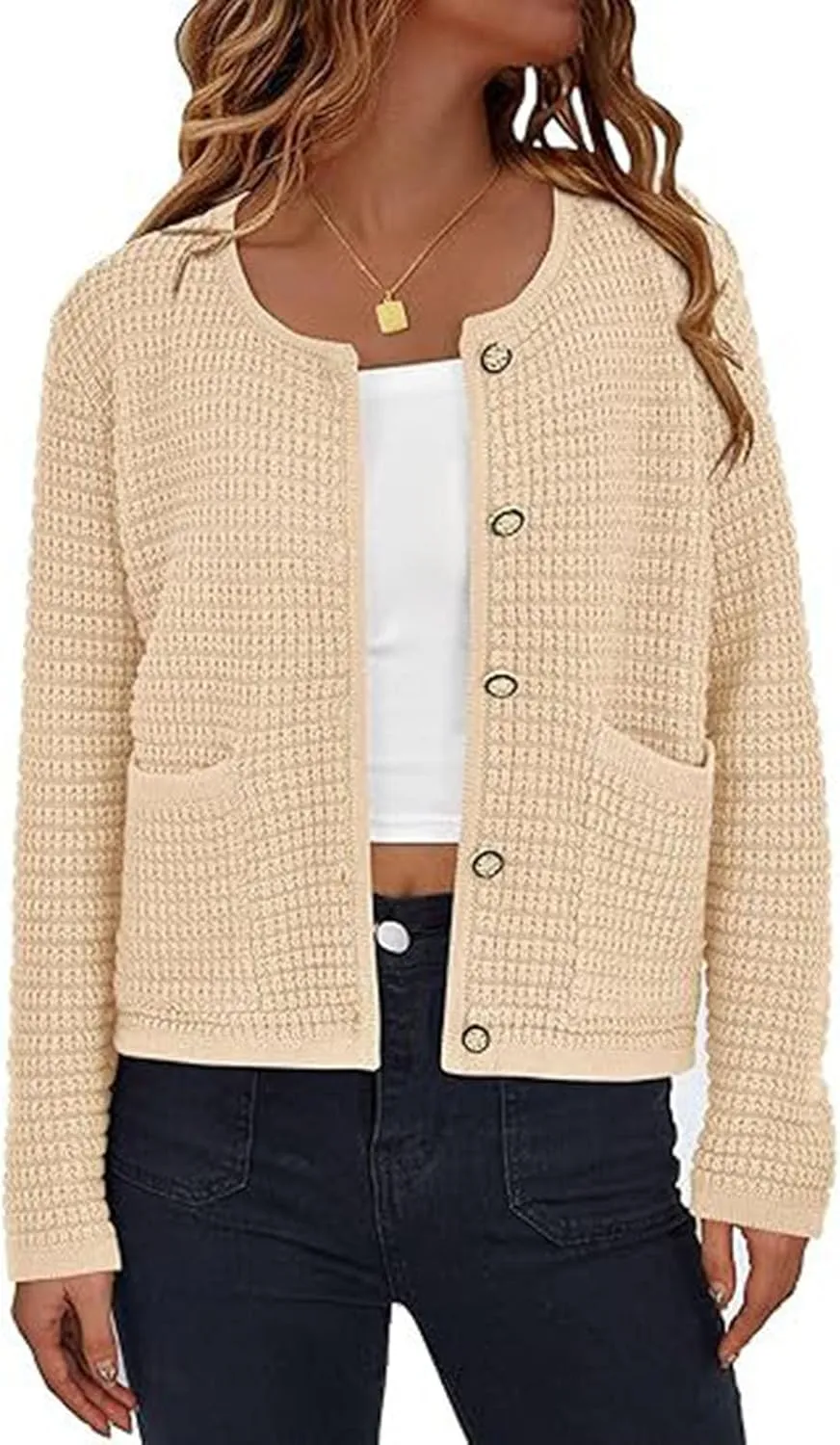 Womens Cropped Sweaters Long Sleeve Casual Button Down Cable Knit Chunky Open Front Cardigan Jackets Fall Sweaters