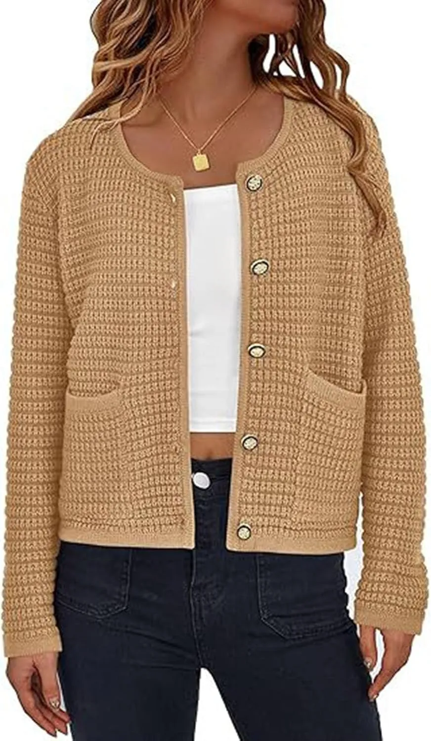 Womens Cropped Sweaters Long Sleeve Casual Button Down Cable Knit Chunky Open Front Cardigan Jackets Fall Sweaters