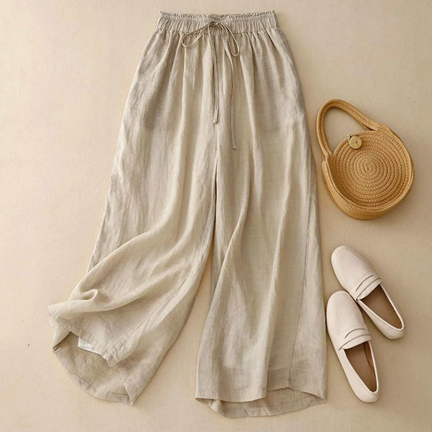 Women's Culottes Linen Cropped Pants with Pockets Wide Leg Pants Elastic Waist Casual Palazzo Trousers 2025 Fashion