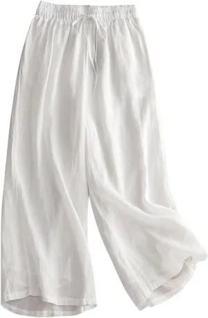 Women's Culottes Linen Cropped Pants with Pockets Wide Leg Pants Elastic Waist Casual Palazzo Trousers 2025 Fashion