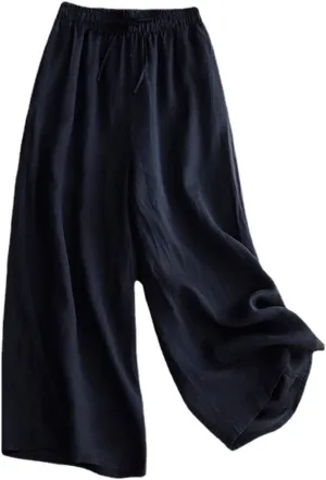 Women's Culottes Linen Cropped Pants with Pockets Wide Leg Pants Elastic Waist Casual Palazzo Trousers 2025 Fashion